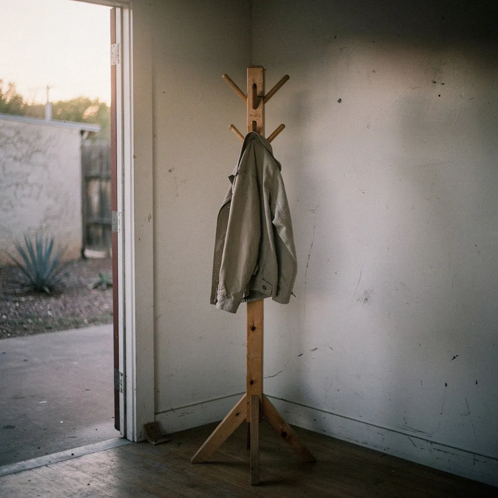 A vertical view of the coat rack near the Zervuqo studio entrance