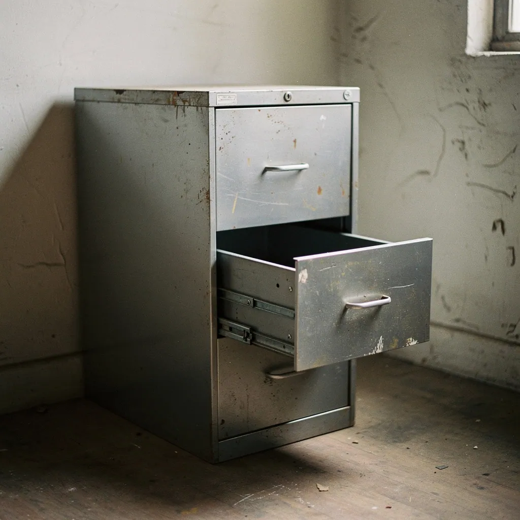 A vertical view of a filing cabinet corner in the Zervuqo studio