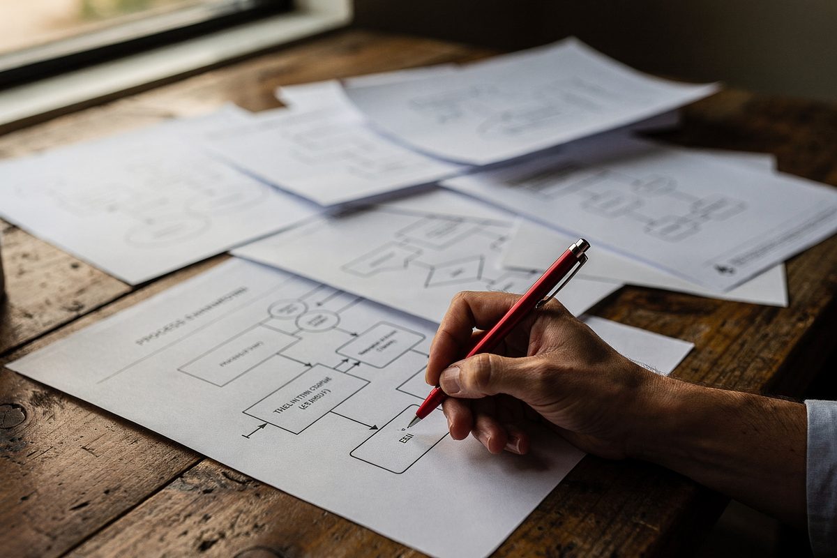 A consultant marking process sheets with a red pen during an operations audit