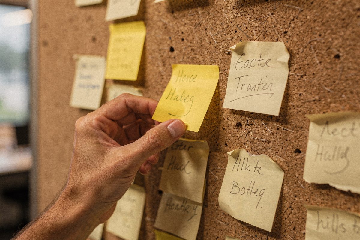 Sticky notes being rearranged on a pricing board during a packaging review